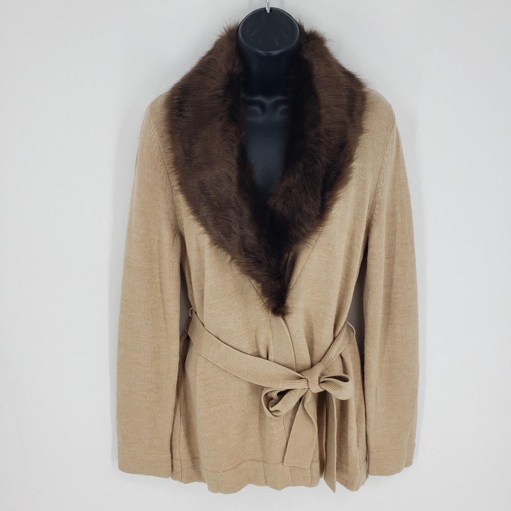 Talbots Faux Fur Collar Merino Wool Cardigan Sweater Women Size Small Tan Belted